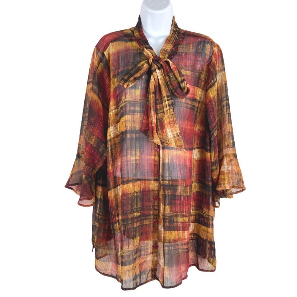Catherines Tunic Top Blouse Tie Neck Multicolor Print Sheer Women's 2XWP‎ Petite